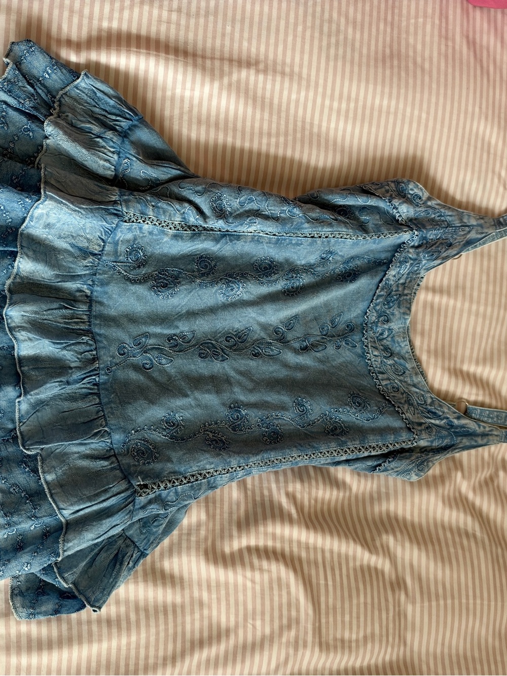 Blue Embroidered Denim-Style Ruffle Dress - Picture 2 of 5